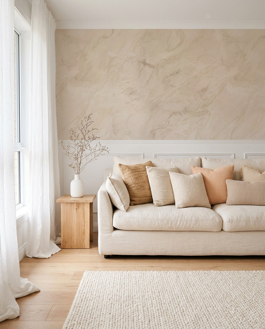 Patterned bedroom wallpaper in a soft neutral palette