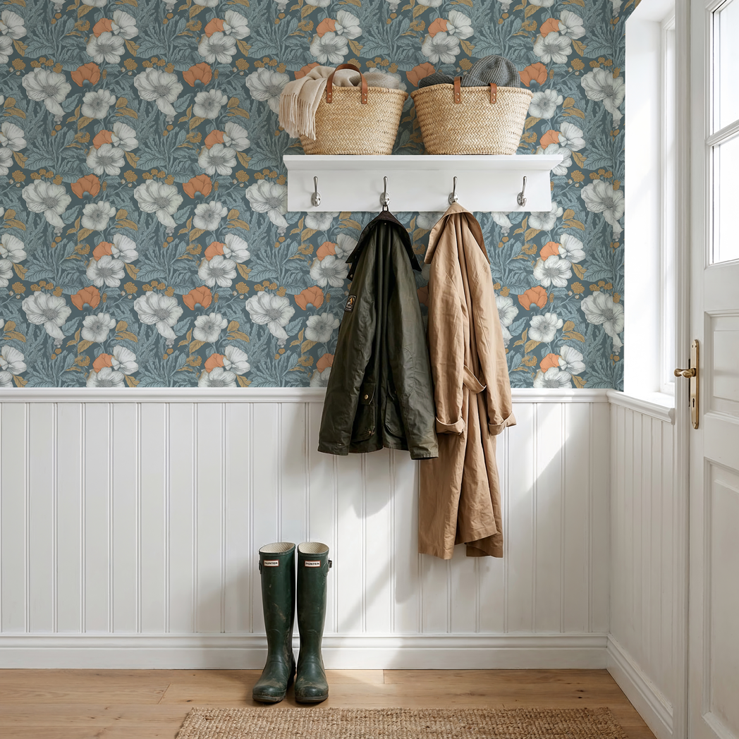 Classic sitting room with olive botanical wallpaper