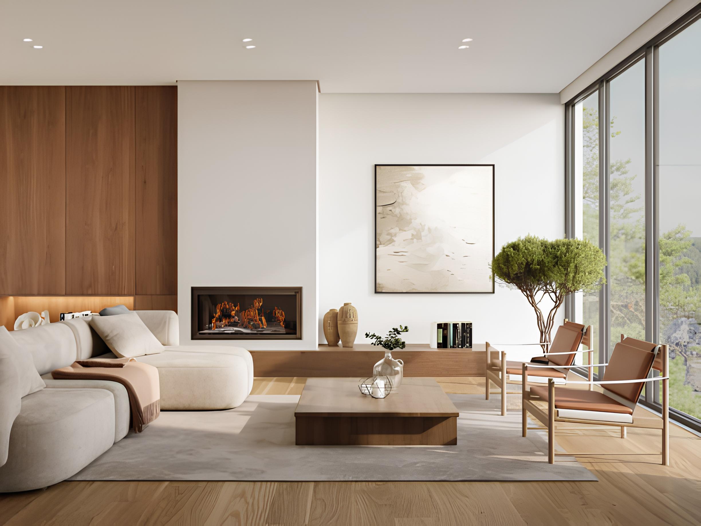 Refined living room with a softly patterned wallpaper feature wall