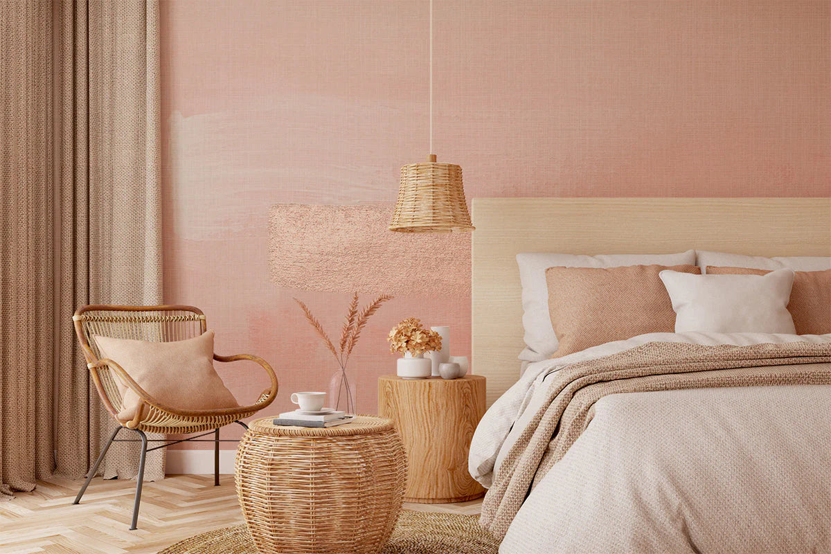 Warm bedroom with neutral patterned wallpaper