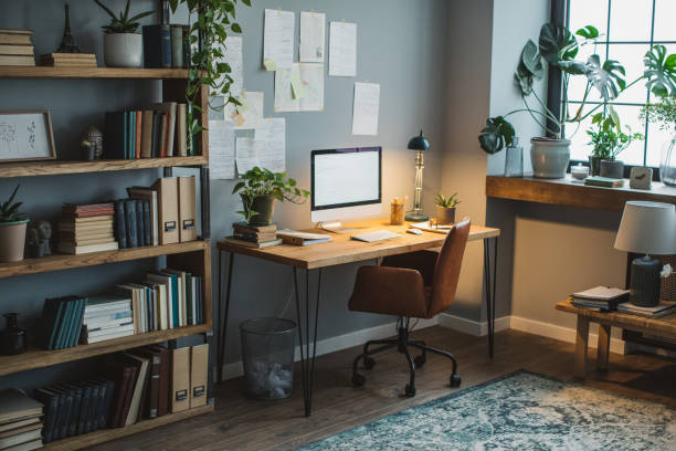 Sophisticated home office with textured wallcovering