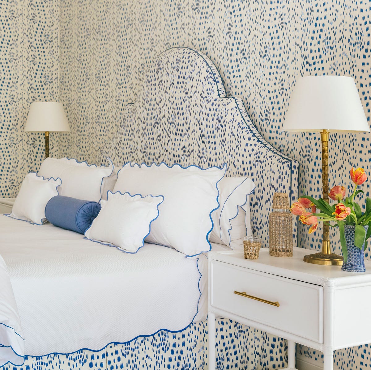 Elegant bedroom with carefully matched wallpaper pattern